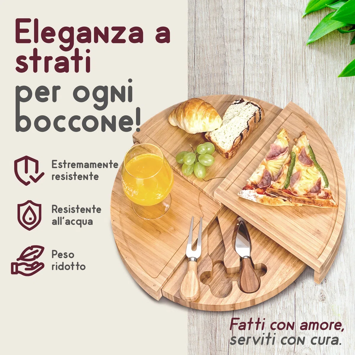 Tagliere per Formaggio in Bambù con 2 Coltelli, Set con 4 Strati e Formaggiera