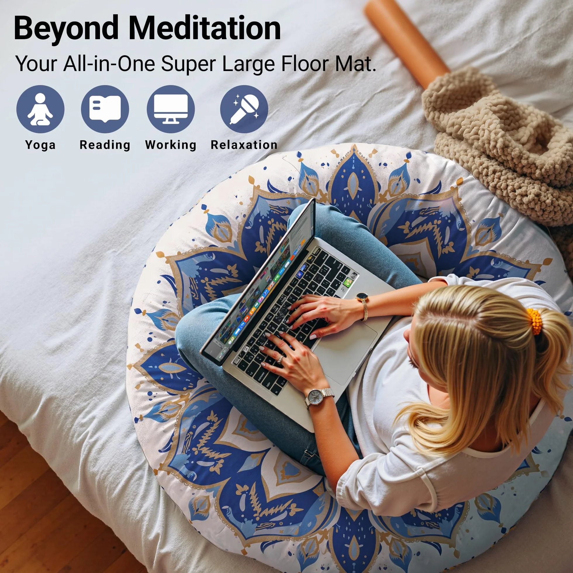 Cuscino per Meditazione Rotondi, Cuscino da Pavimento con Fodera Rimovibile e Lavabile, 80 cm Grande Cuscino Yoga Ergonomico con Decorazioni Pompon, Uso Interno/Esterno, Blu navy