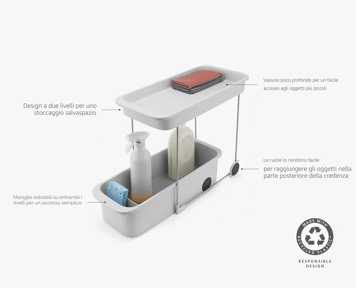 Joseph Joseph CupboardStore Carrello Portaoggetti a 2 Ripiani con Ruote, Organizer Sottolavello, Plastica Riciclata