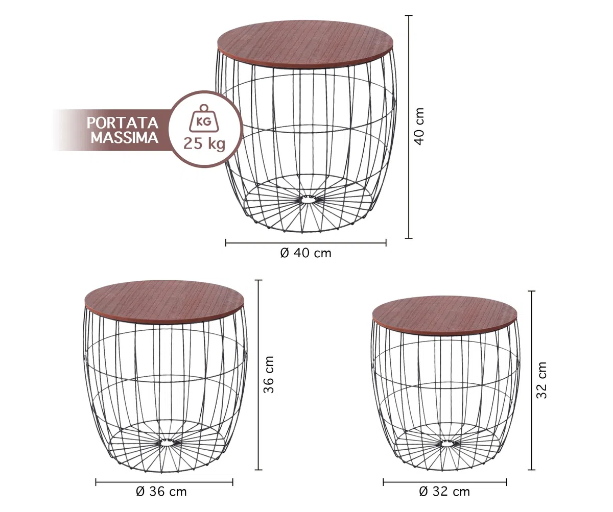 IlGruppone Set 3 Tavolini Da Salotto Sovrapponibili Caffe' Rotondi Design Moderno Tavolo Divano Top In Legno Struttura In Acciaio Stile Industrial Vano Porta Oggetti - Marrone - Modello 1