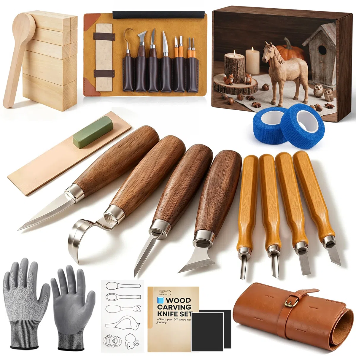 HA BIN Set di Scultura in Legno 25 Pezzi, Kit Completo per Principianti con Coltelli da Scultura, Pietra per Affilare, Guanti, Legno di Tiglio & Borsa da Conservazione, Set per Adulti