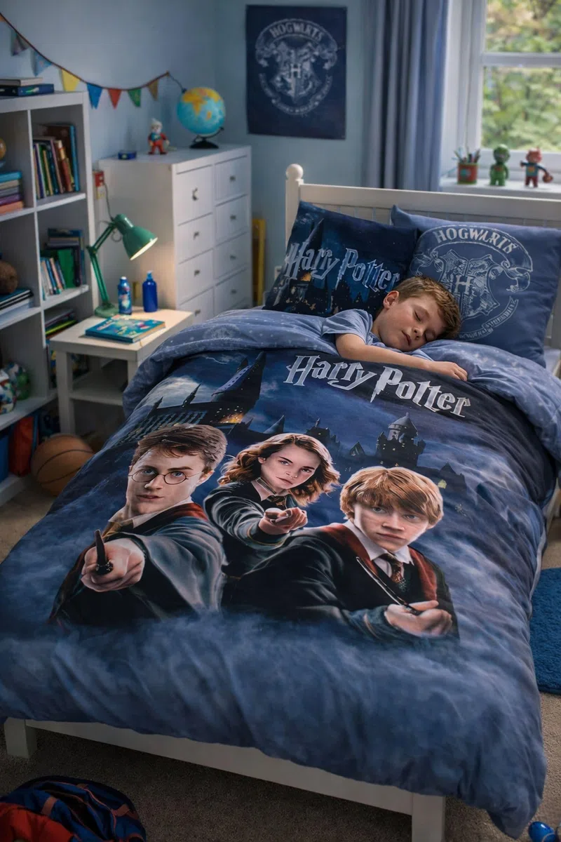 Harry Potter, set di biancheria da letto 135x200 80x80 con federa Hogwarts [con sacchetto portaoggetti], 100% cotone, privo di sostanze nocive, conforme a Öko-Tex Standard, dimensioni tedesche