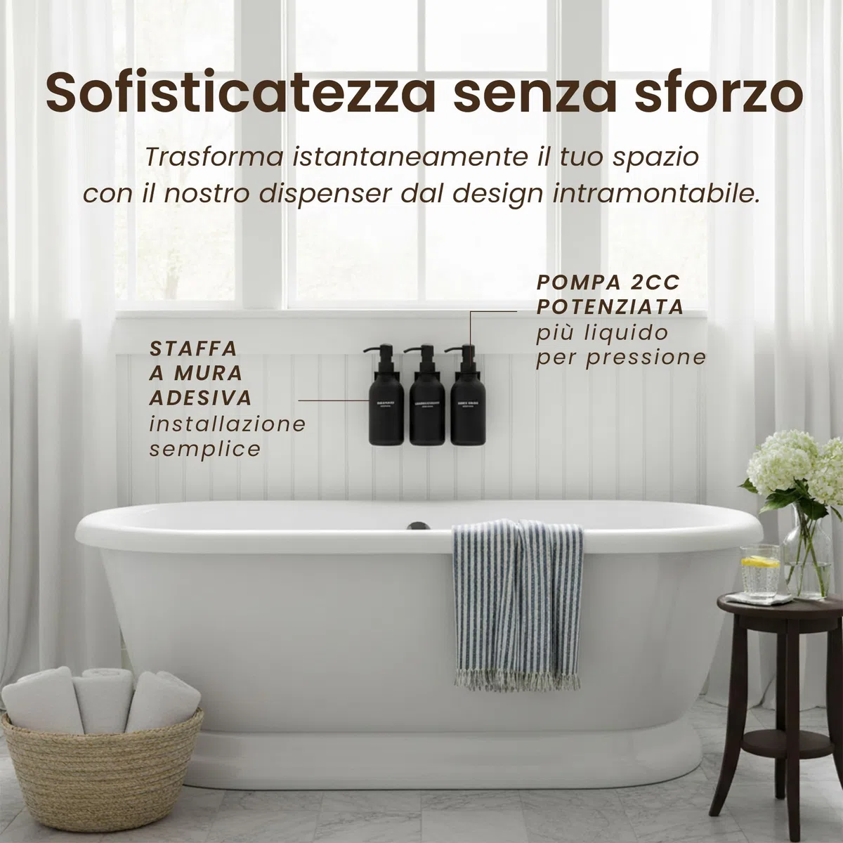 MaisoNovo Dispenser Per Shampoo E Balsamo - Dispenser Per Sapone Da Doccia Con Montaggio A Parete - Set Da 3 Flaconi In Plastica Nera Da 500 ml Con Pompe Nere - 3 Scomparti Senza Foratura