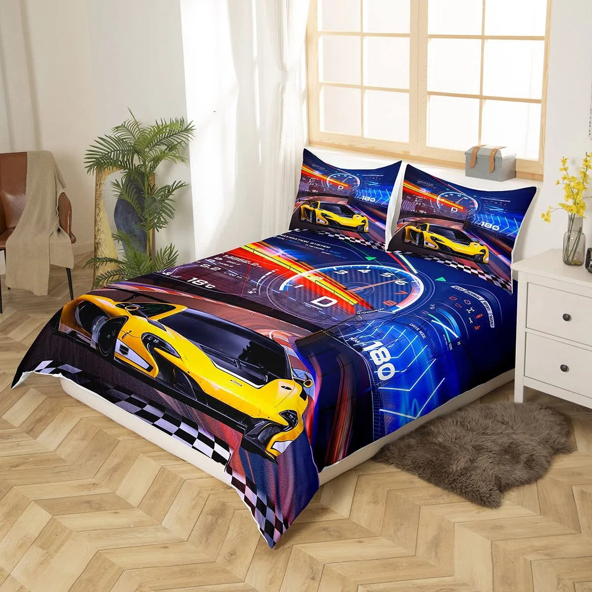 Homemissing Set di Biancheria da Letto con Auto Sportiva Blu e Gialla, Misura Letto Singolo, Auto da Corsa ad Alta Velocità, con 1 Federa con Cerniera