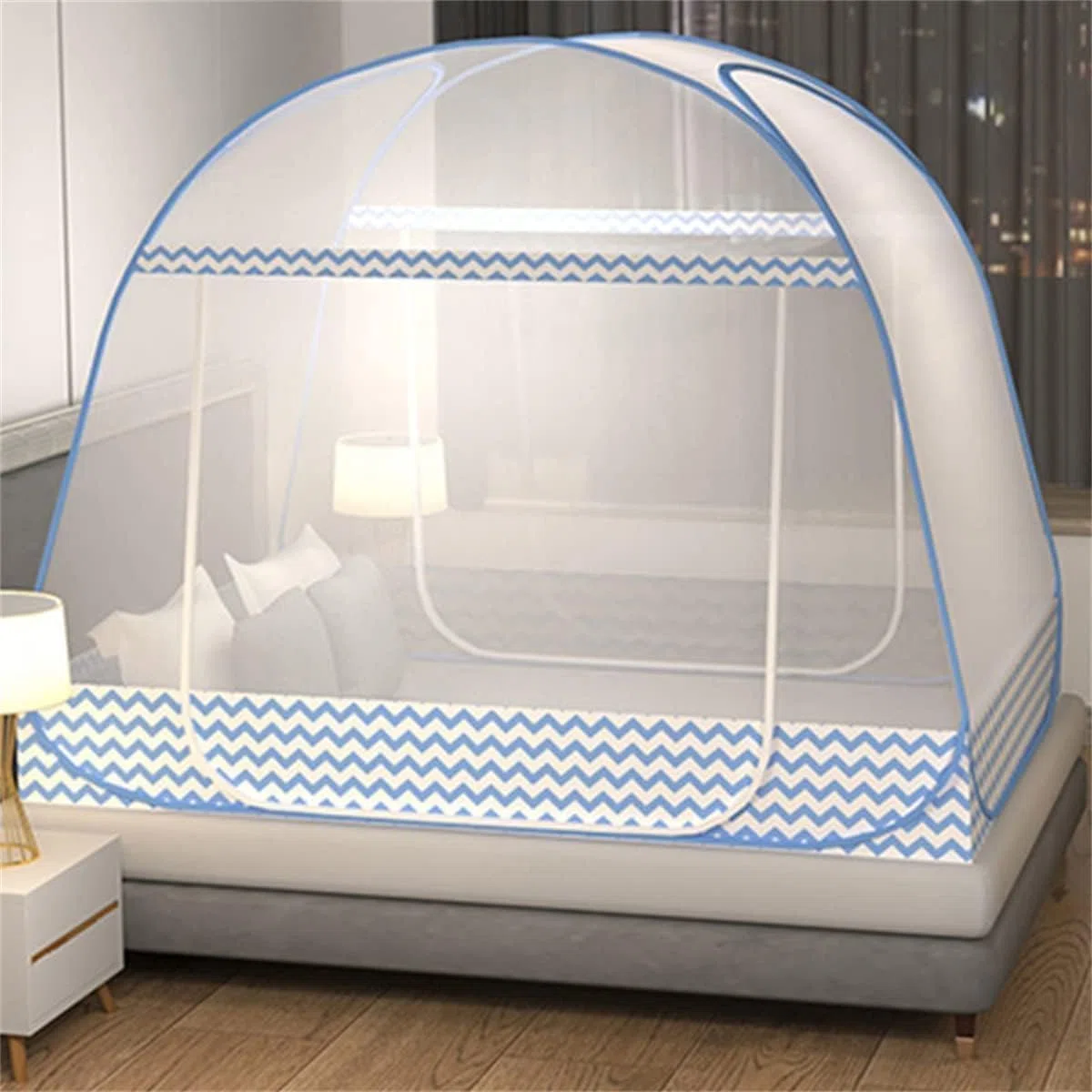 Zanzariera Letto, 180 x 200 cm, Pieghevole, Pop Up, Doppia Porta, Bianca, Modern, Light and Airy, Poliestere, Per Interni, Campeggio, Viaggi Estivi