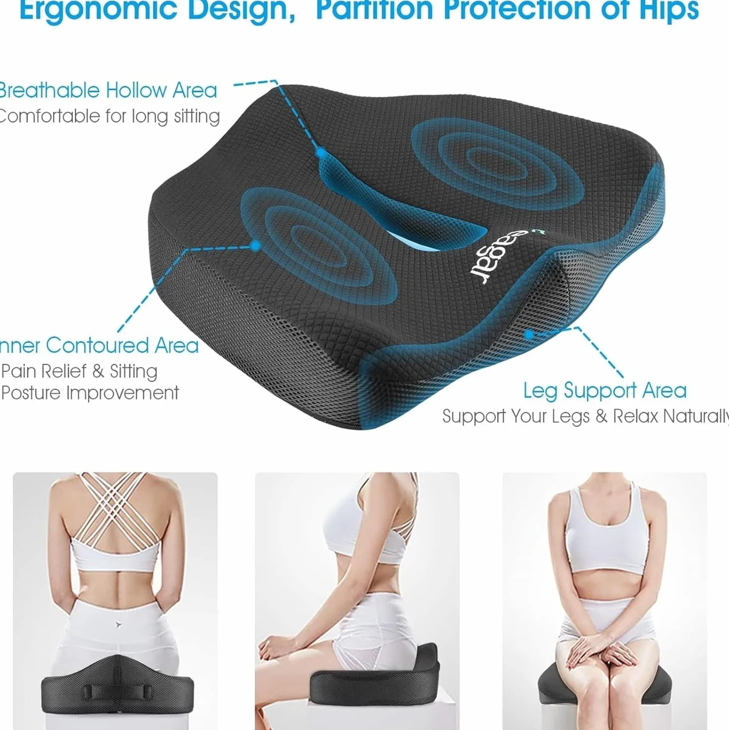 Feagar Cuscino per Sedile - Cuscini Ergonomico Sedile per Coccige Sciatica Lombare - Cuscino Memory Foam per Ufficio Casa Auto Sedia a Rotelle, Nero