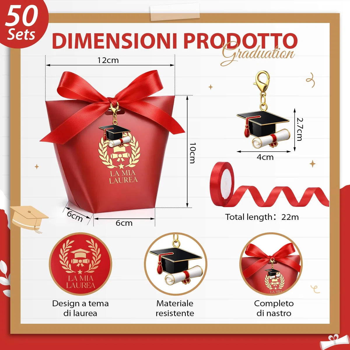 BBTO 50 Set Scatoline Portaconfetti Laurea Include 50 Scatoline Portaconfetti 50 Portachiavi con Cappello di in Smalto 1 Rotolo di Nastro Rosso Bomboniere Decorazione Fai da te Festa Laurea Regalo