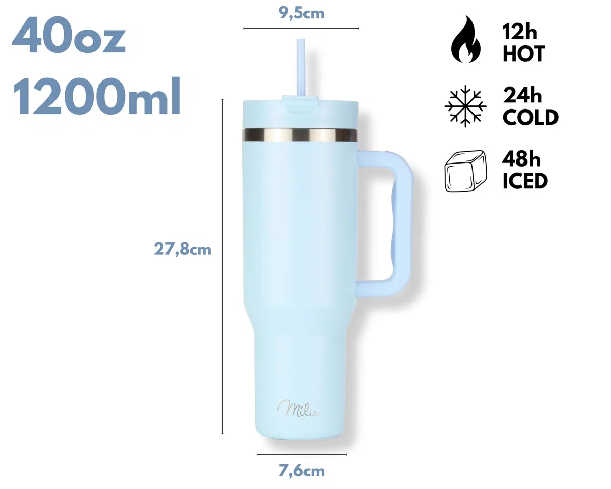 Milu Tazza termica a doppia parete 1200ml con cannuccia e manico, 24h ghiacciato / 12h caldo Tumbler 40oz in acciaio inox con manico, bottiglia isolante da portare con sé (Morning Blue, 1200ml)