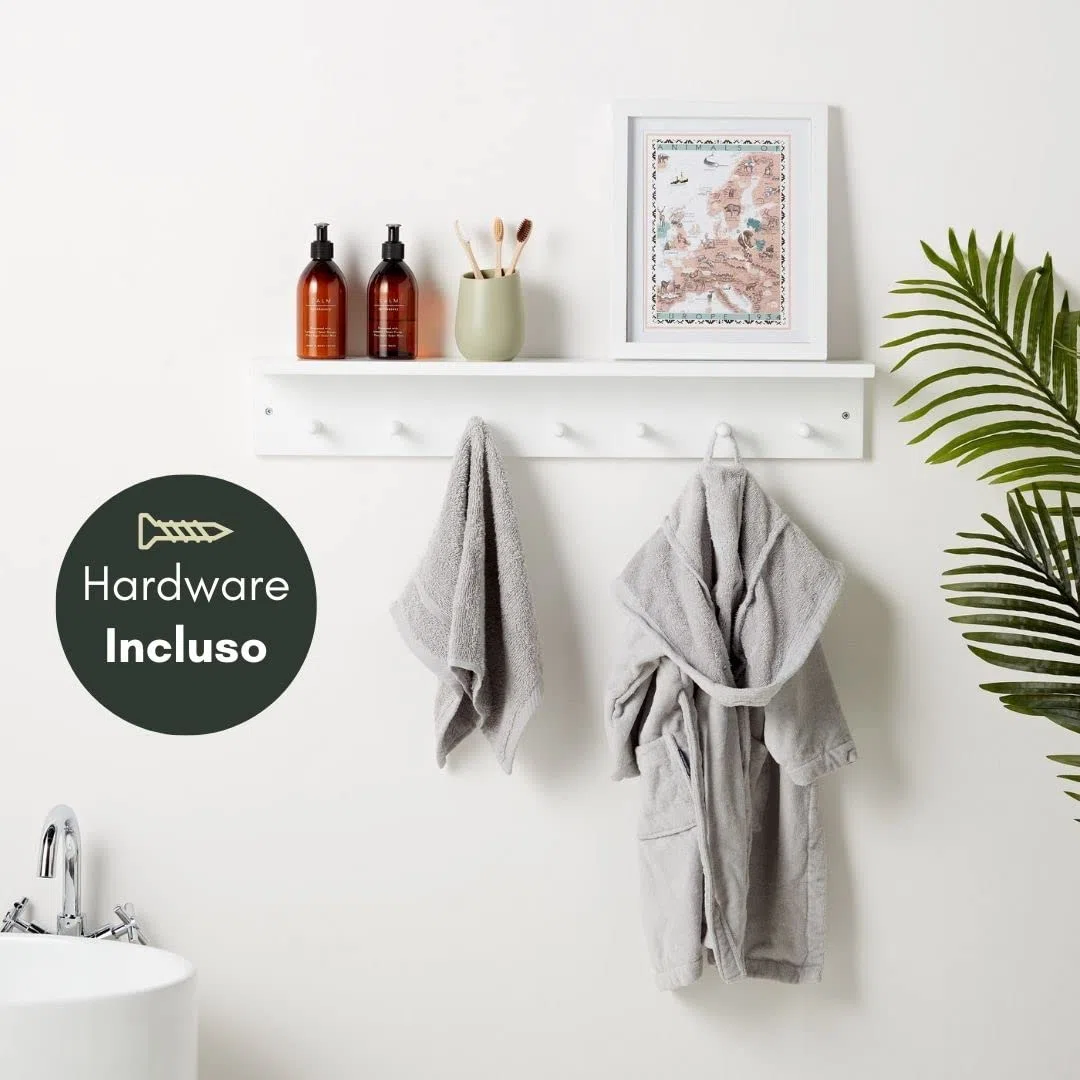 Haus Projekt Appendiabiti da Parete con Mensola, 7 Ganci, Bianco, Mensole da Muro Legno, Attaccapanni, Mensole Bagno, Scaffale da Parete, Mensole Cucina Portaspezie, Appendi Chiavi, 72 x 11,5 x 11,5