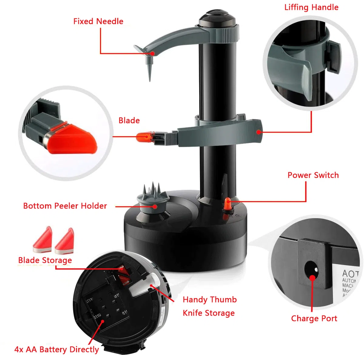 Sbucciatore Elettrico di Patate, Pelapatate Automatico a Rotazione con 6 Lame di Ricambio, Affettatrice per Frutta e Verdura, Strumento da Cucina per Sbucciare (Batterie Non Incluse)