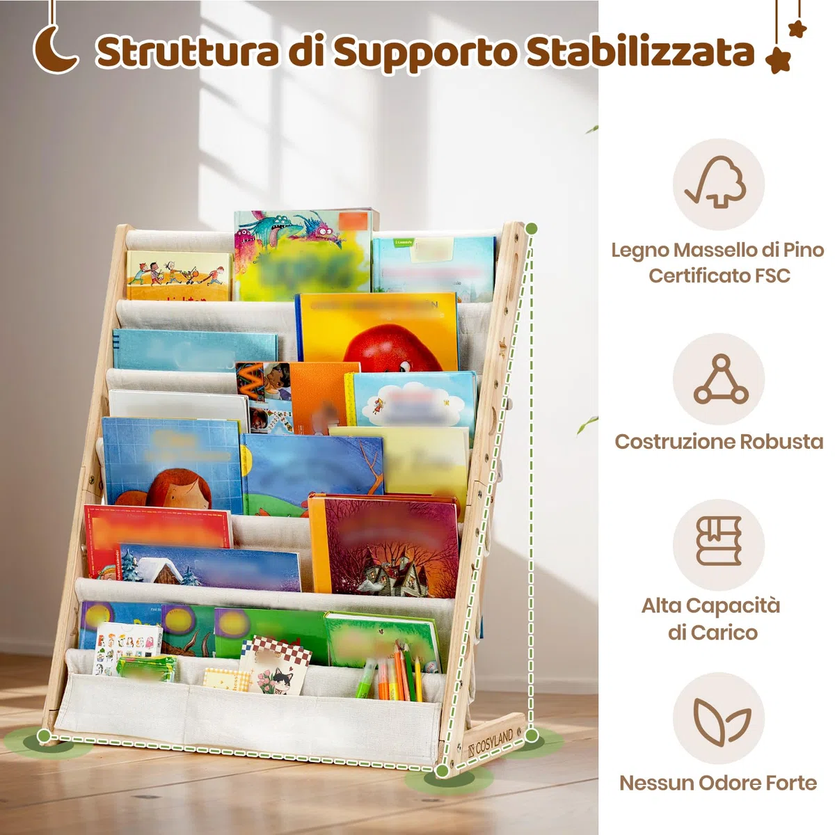 COSYLAND Libreria Montessori per Bambini Con 6 Scomparti in Tessuto Oxford - Libreria per Bambini in Legno Naturale - Libreria Montessori Con Bordi Arrotondati e Design Spazio-Saving(Naturale)