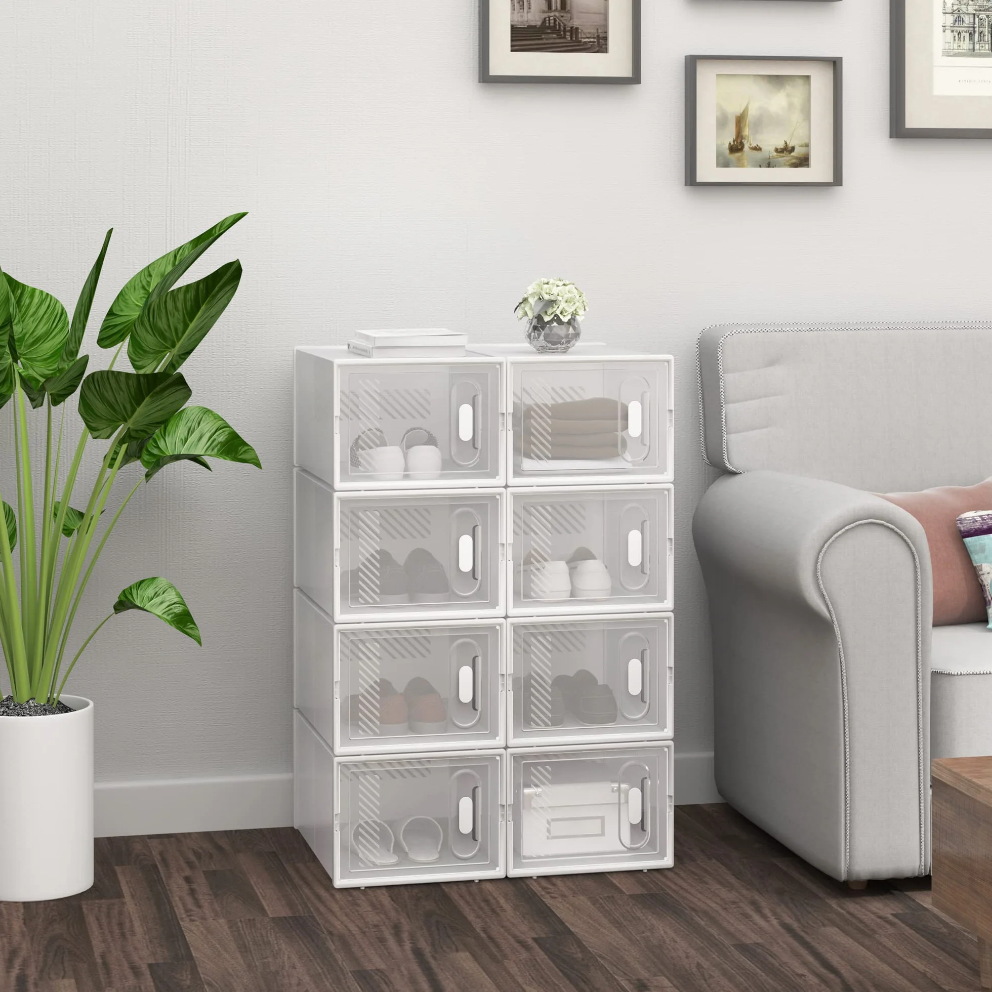 WOLTU Set di 8 Scatole per Scarpe Contenitore Portascarpe Scarpiera Organizzatore Portaoggetti Impilabile Salvaspazio Coperchio Magnetico Plastica Trasparente Bianco 35x25x19cm
