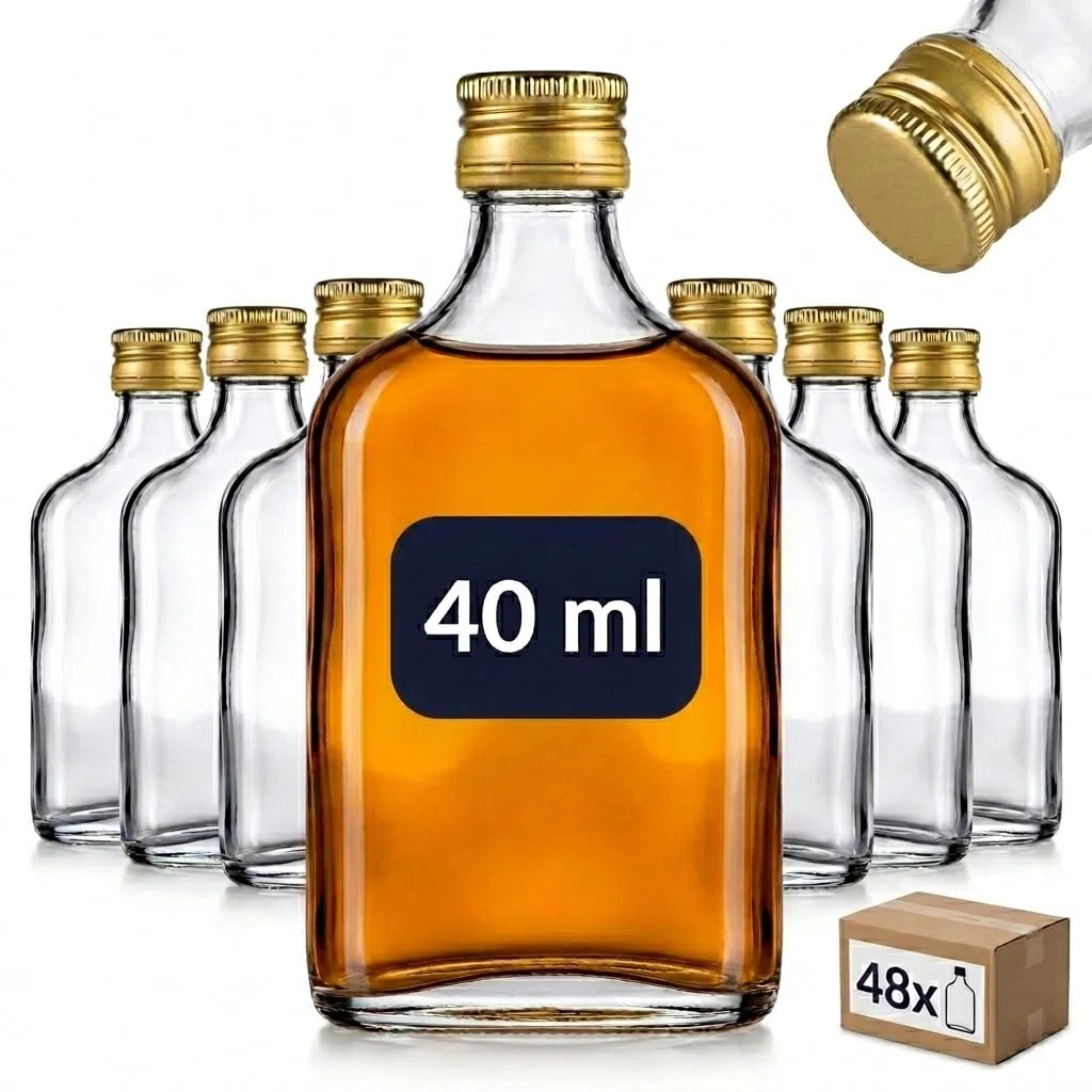 gouveo Set da 48 bottiglie in vetro design fiaschetta (0,04 l) con tappo a vite PP18 dorato mini bottigliette piatte trasparenti per liquore degustazione e DIY (FF040G)