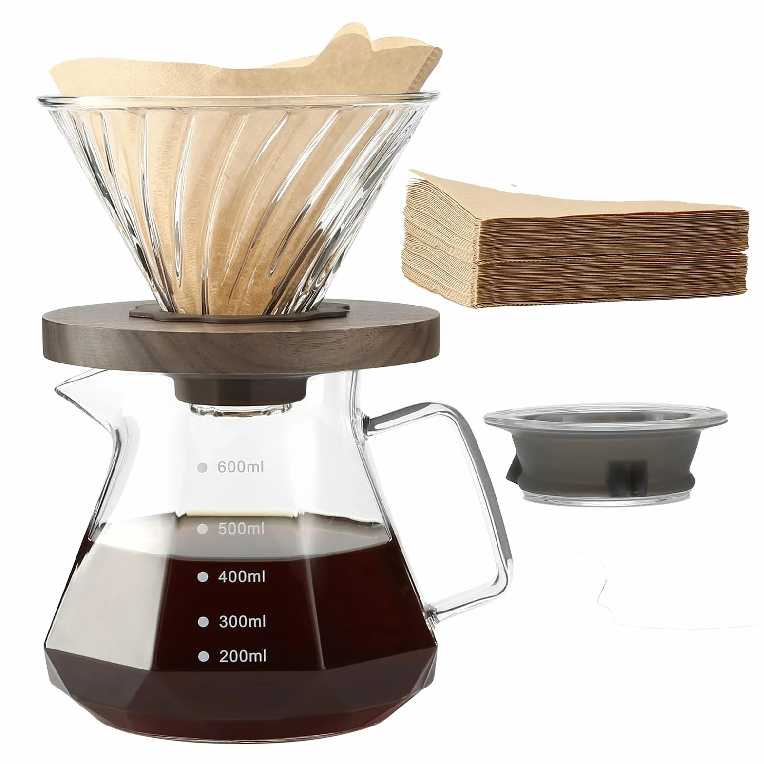 Lalord Caffettiera Pour Over, Caraffa in Vetro Borosilicato da 600 ml con 02 Carta Filtro, 100 pcs, Manico in Noce e Coperchio per Caffettiera