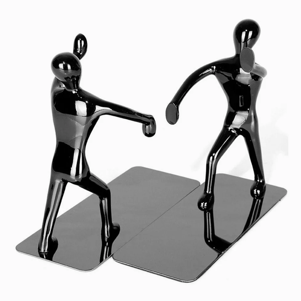 Coppia di fermalibri a forma di lottatore di kung fu, decorativi, alla moda e creativi, in acciaio inossidabile per casa, uffici, librerie, decorazione, regali di compleanno Nero