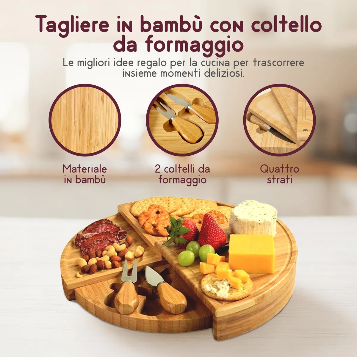 Tagliere per Formaggio in Bambù con 2 Coltelli, Set con 4 Strati e Formaggiera