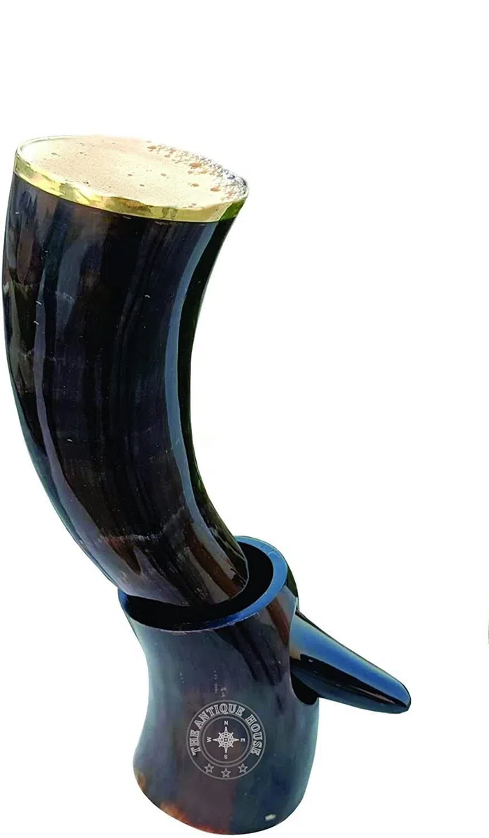 Tazza in corno vichingo nero 100% naturale con supporto per birra, vino e idromele