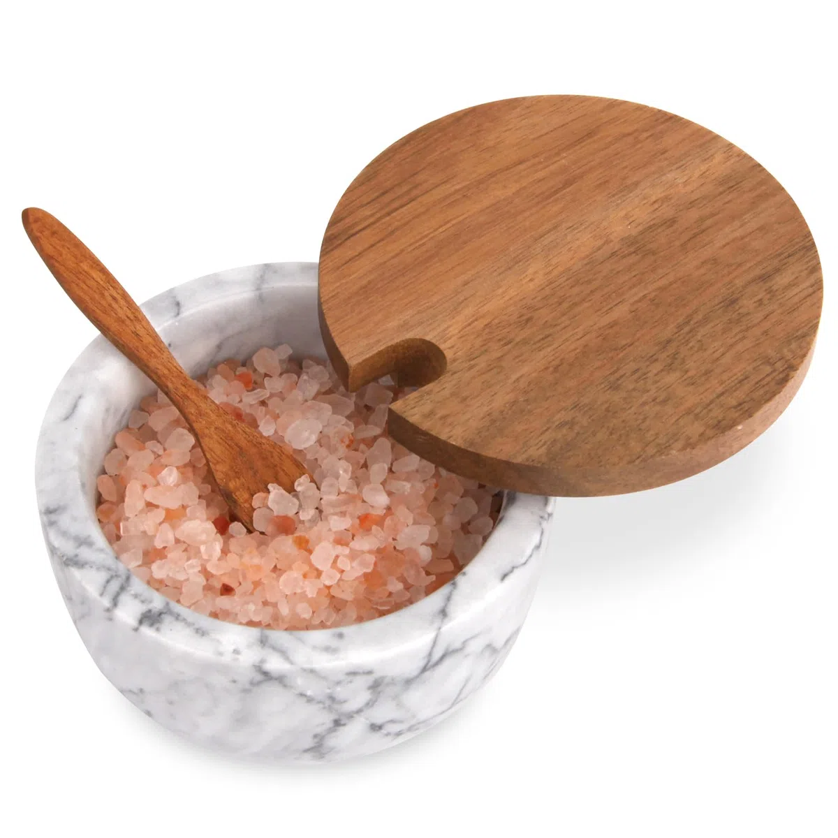 Saliera in Marmo con Coperchio Cucchiaio in Legno, Portasale Pepiera Contenitore Moderno per Spezie, Sale o Pepe, Zucchero, Barattolo di Stoccaggio per la Cucina (Ciotola Bianca)