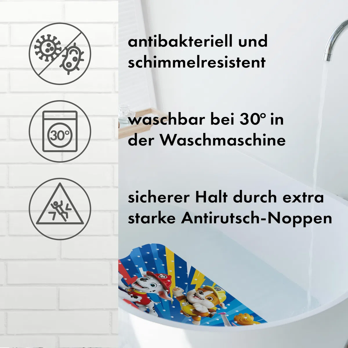 PAW Patrol Tappetino da bagno antiscivolo per bambini, antimuffa, antibatterico, con ventose, ganci e fori di scarico, 100 x 40 cm