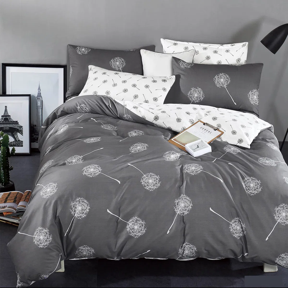 KEAYOO Biancheria da letto 155 x 220 cm, in cotone, per l'inverno fino all'estate, colore grigio, bianco, con motivo a leone, 100% cotone, Soft Touch con chiusura lampo, set da 2 pezzi