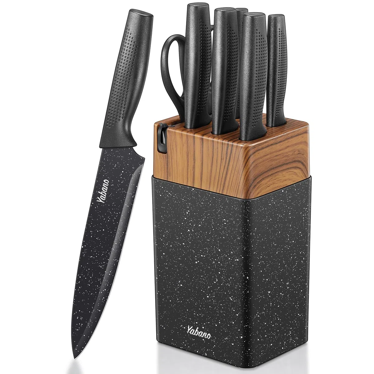 Yabano Set Coltelli da Cucina 7 Pezzi con Ceppo in Plastica e Affilatore Integrato, Lame Antiaderenti e Antiruggine in Acciaio Inox (Maculato)