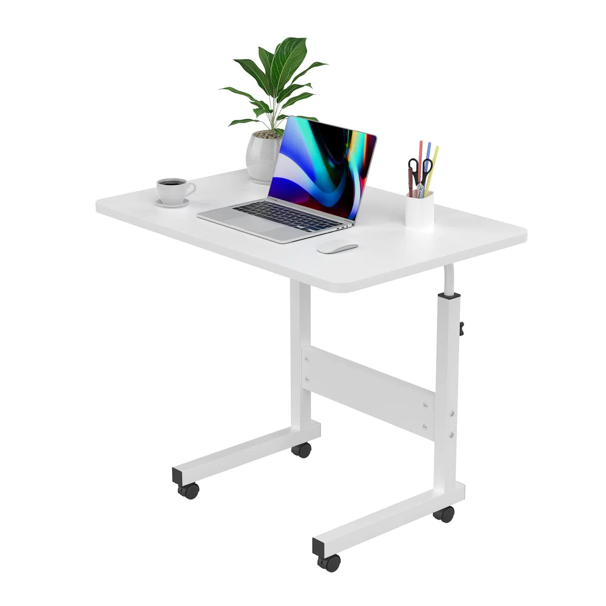 Tavolo Rotante per Divano Letto, 60x40cm Scrivania per Laptop, Tavolino da Laptop Scrivania Mobile Regolabile in Altezza 62-85cm per PC per Tablet Cellulare, Tavolino Portatile con Ruote, Bianco