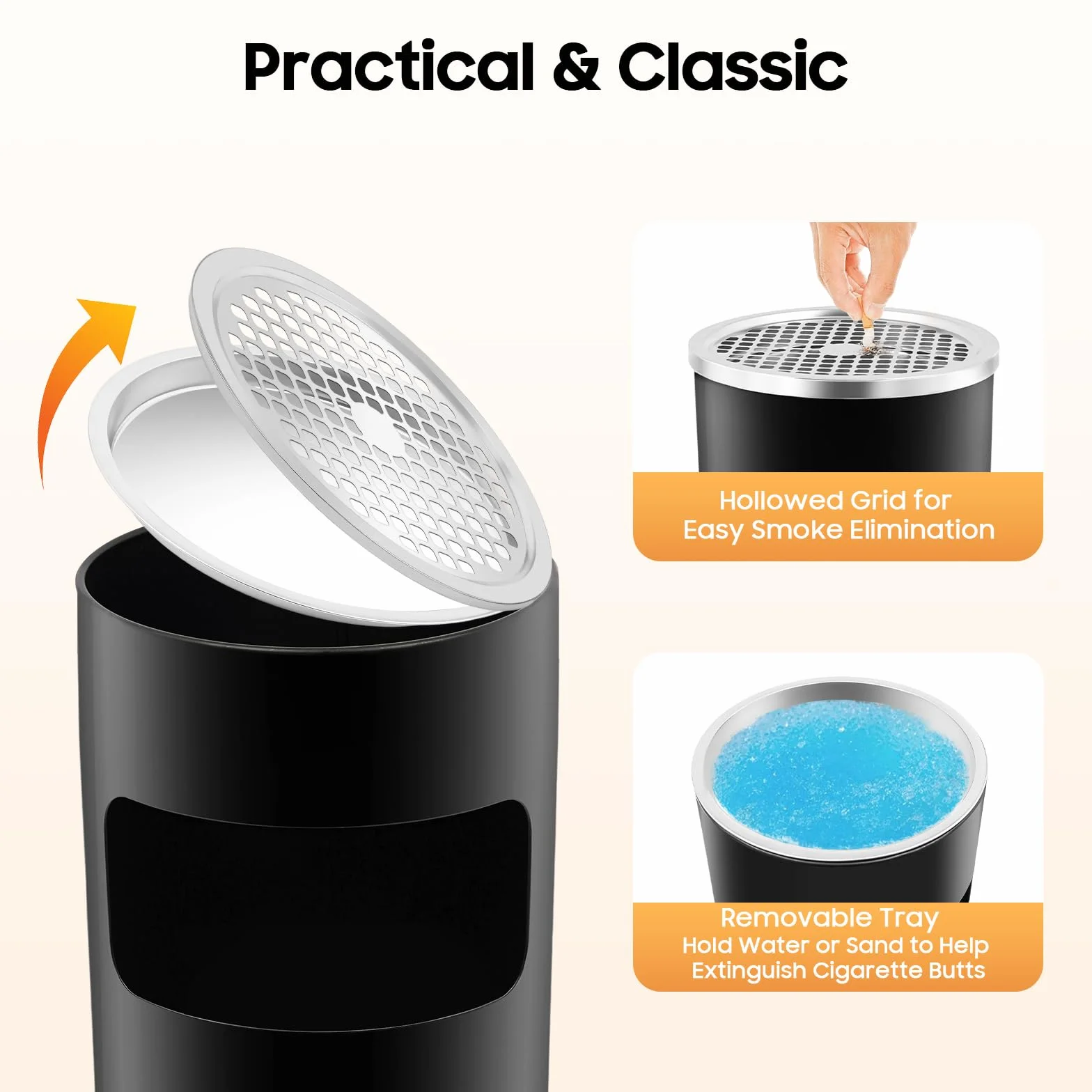 Posacenere da esterno, cestino con posacenere, cestino spazzatura esterno acciaio inox, cestino per la spazzatura per ufficio, cestino con secchio interno, 30 litri (nero)