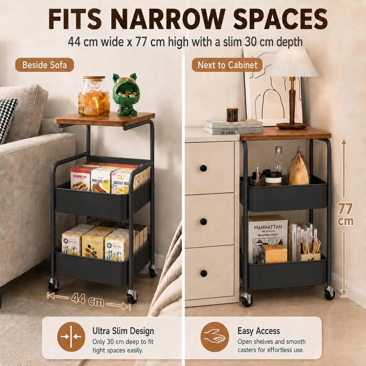 Carrello per libri a 3 livelli, carrello in metallo con pannelli a incastro e piano da tavolo, carrello da servizio per cucina, soggiorno, casa e ufficio, carrello da cucina con ruote