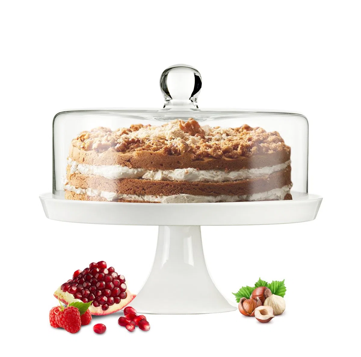 Campana di vetro porta torta o formaggio, con base in porcellana e piatto per torta