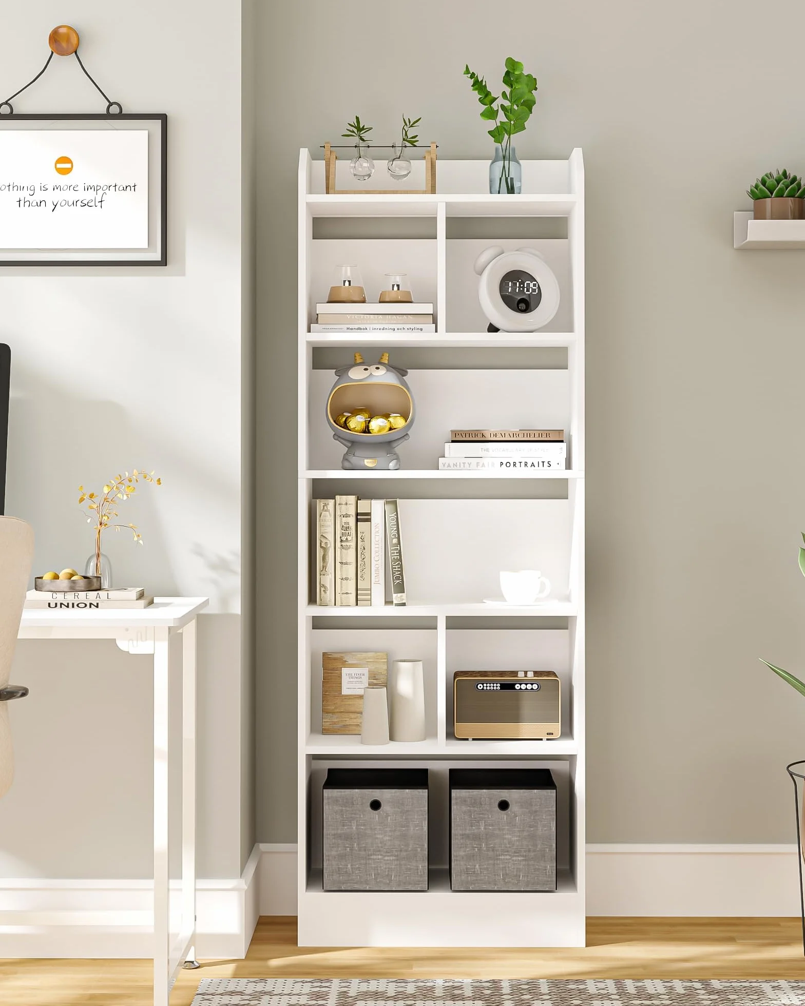 Hzuaneri Libreria a 6 Ripiani, Scaffale con Scomparti e Ripiani Aperti, Organizzatore, Libreria Verticale Mobiletto Multiuso per Soggiorno, Studio, 24 x 60 x 170 cm, Bianco BC11103X