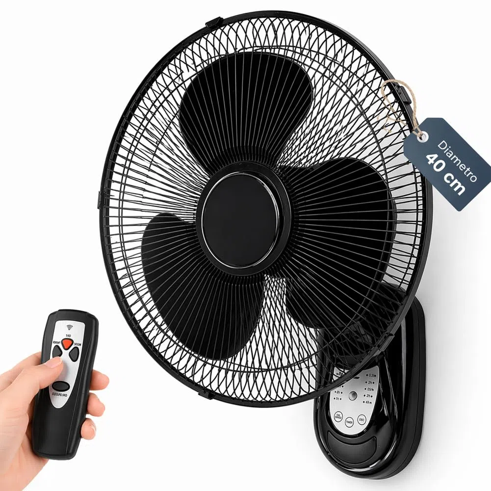 BAKAJI Ventilatore da Parete con Telecomando, Griglia da 40 cm, 3 Livelli di Velocità Selezionabili, 5 Pale, 65 Watt di Potenza, Oscillazione Laterale Automatica, Nero