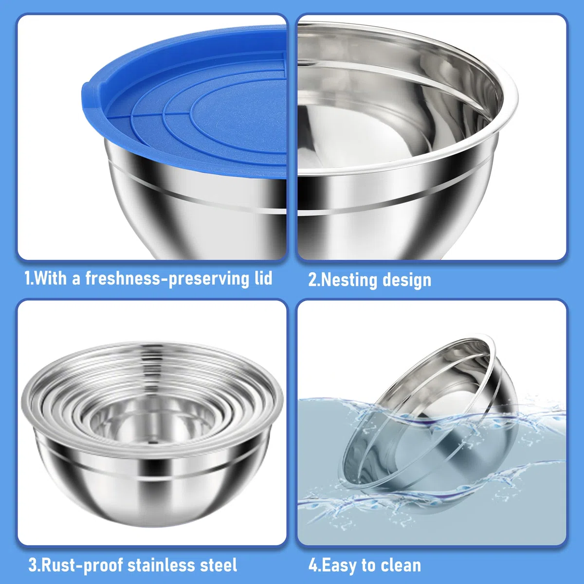 Pleafind Set di ciotole per mescolare 7 pezzi Ciotole annidabili in acciaio inossidabile con coperchi - con 3 accessori per grattugiare, capacità 4,5 QT, 4 QT, 3,5 QT, 2,1 QT, 1,5 QT, 1,1 QT, 0,7 QT