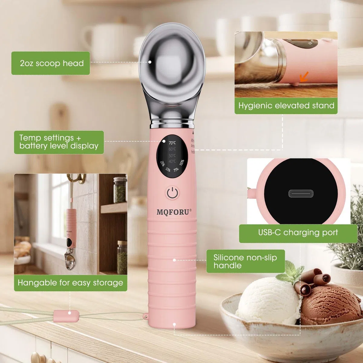 MQFORU Paletta per gelato riscaldata, paletta per gelato elettrica ricaricabile con display LED, calore portatile a 4 livelli 40-70° C, 2500 mAh per gelato duro, adatta per lavastoviglie (Rosa)