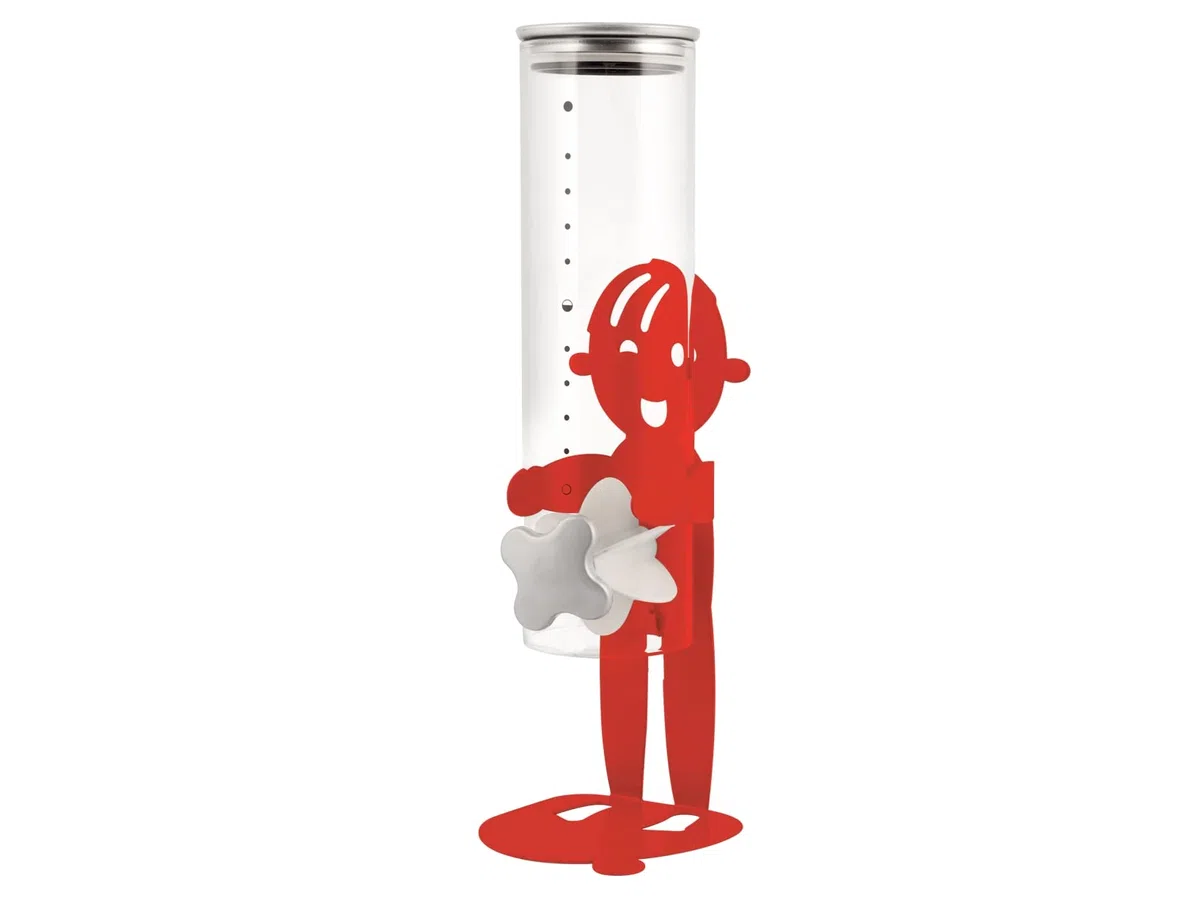 Home Dispenser Cereali Sunrise, Vetro e Metallo, Rosso - Design Moderno con Omino in Metallo che Regge il Dispenser - Perfetto per Sale Colazione e Cucina