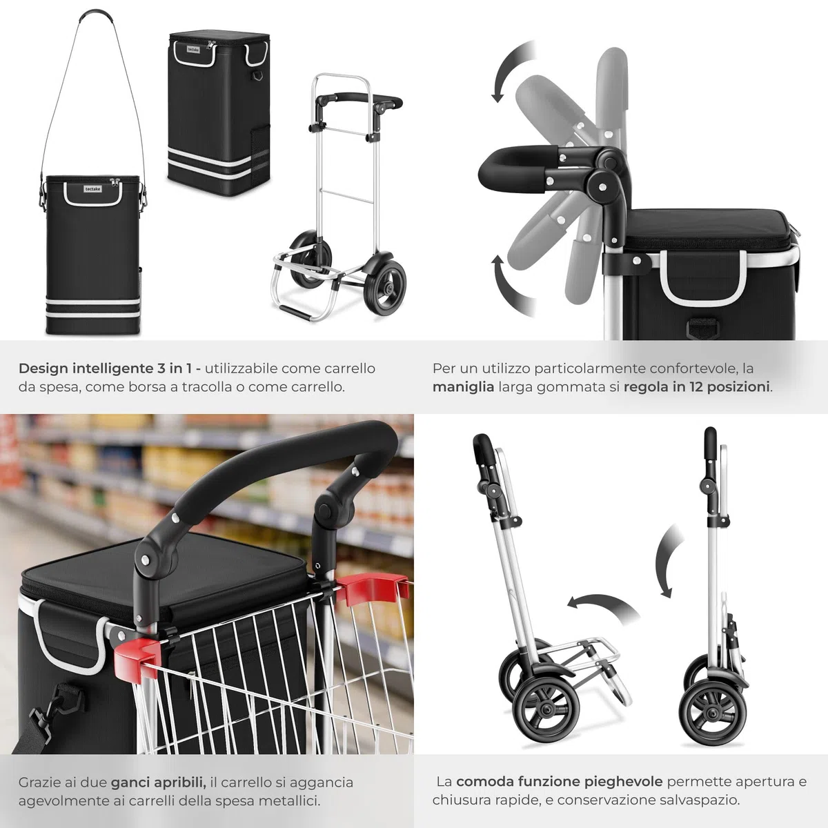 tectake® Carrello Spesa Shopper 3 in 1, Trolley Pieghevole con Borsa Termica per Surgelati, Carrello con Ruote Portatutto, Carrellino Spesa Con Ruote Scorrevoli, Capacità max 30 kg / 56L - Nero