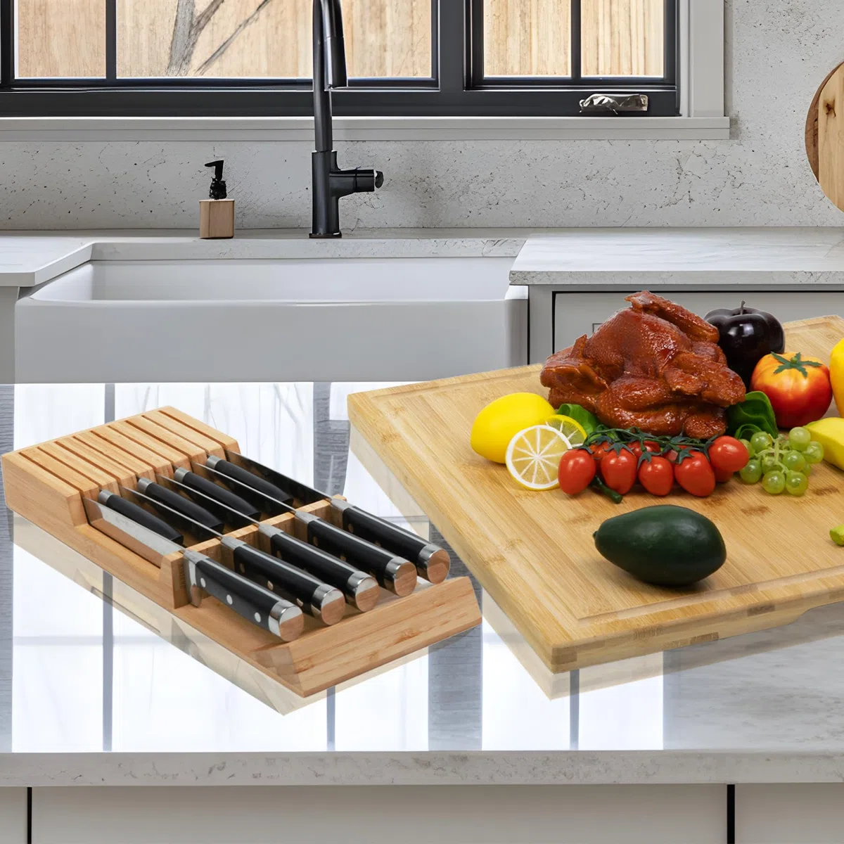 Utoplike Portacoltelli in bambù per cassetti e coltelli, per cucina, con manico grande, adatto per 9 coltelli (non inclusi)