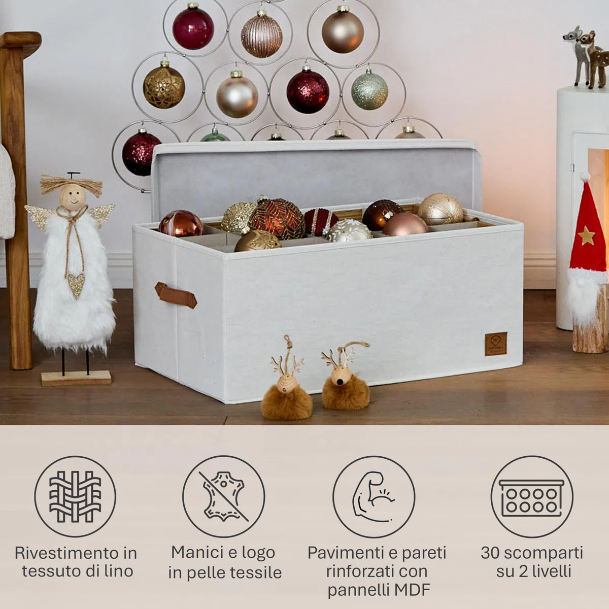 LOVE IT STORE IT - Scatola Portaoggetti Con Coperchio Per Palle di Natale - Con 30 Scomparti, Vassoio Estraibile - Lino-Cotone - Rinforzi In Legno - 58x36x25cm - Beige