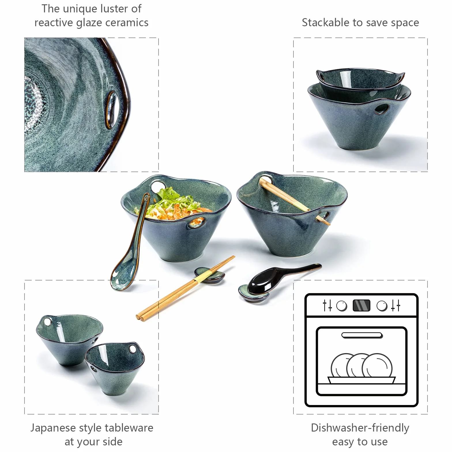 Set Ramen Bowl con Bacchette, Ciotola Ramen Ceramica Giapponese, Tazze da Consommé Insalatiere Stoviglie asiatiche per lavastoviglie e forno a microonde