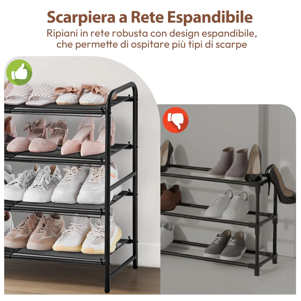 Yaheetech Scarpiera Estensibile in Rete Metallica Organizer Scarpe Ventilato Moderno per Ingresso Corridoio o Spogliatoio Capacità 15-20 Paia di Scarpe (Nero, 4 Livelli)
