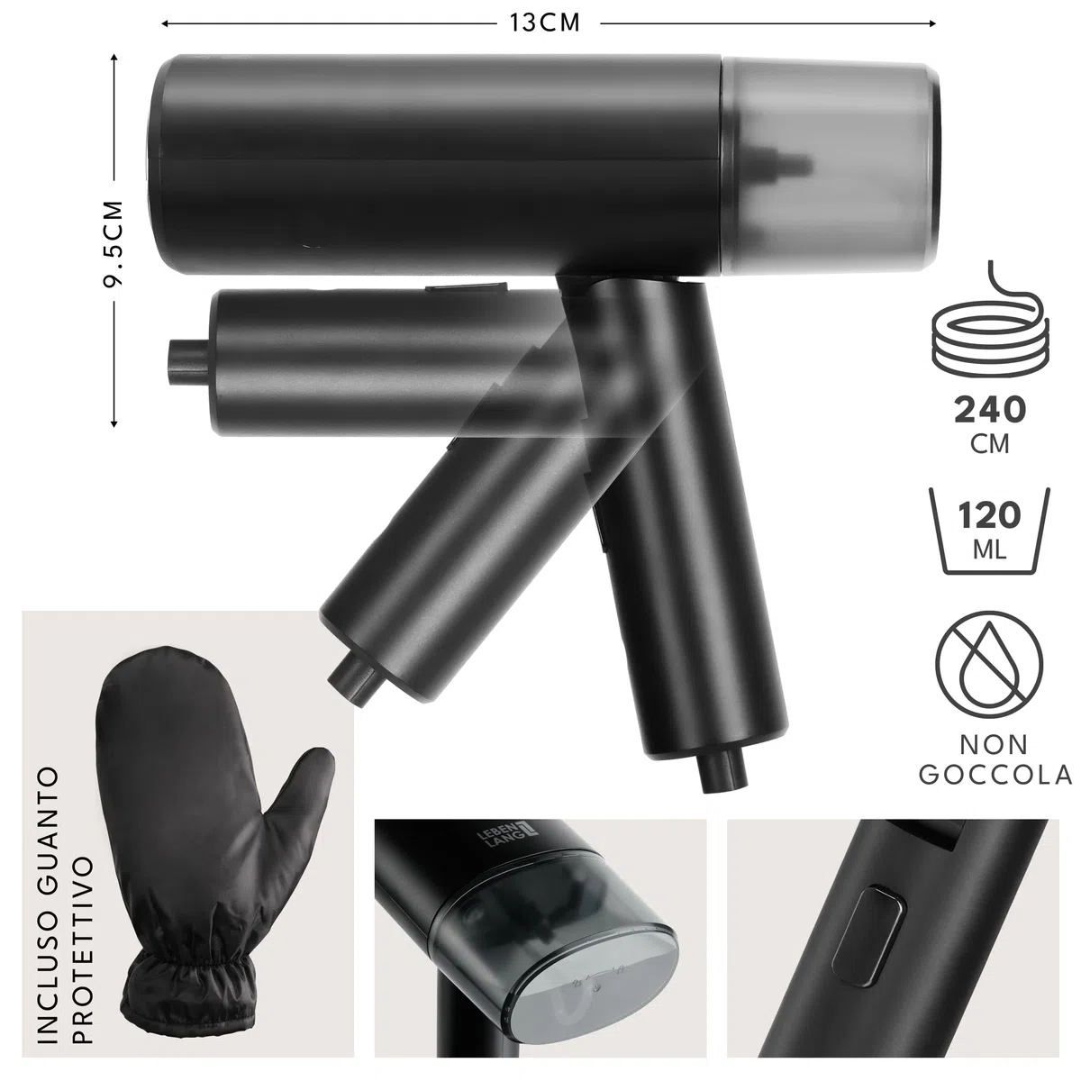 LEBENLANG Ferro da stiro da viaggio - Compatta pieghevole & Incl.con set da viaggio I Ferro da stiro verticale & Portatile Stiratore verticale Stirella a vapore (Nero - 900W & 120ml)