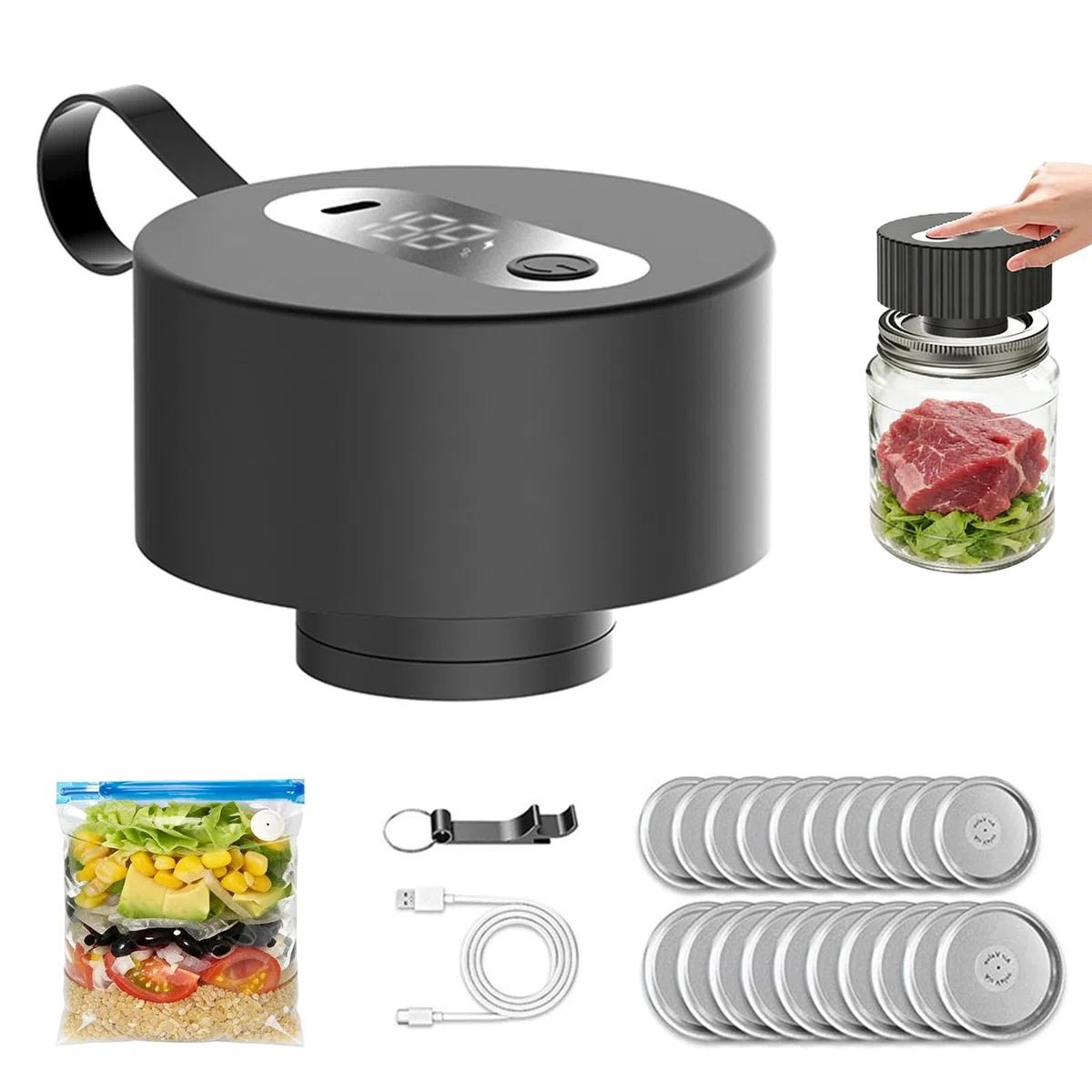Macchina Sottovoto per Barattoli Mason – Portatile Elettrica Wireless, Chiusura Automatica, Compatibile Standard & Largo, Inclusi 20 Coperchi + Sacchetti Sottovoto