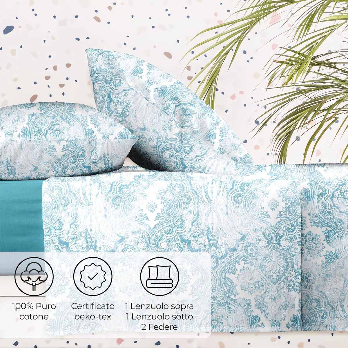 Ruggeri Set Lenzuola Letto Matrimoniale 4 Pezzi, 100% Cotone di Alta Qualità, Certificato Oeko-Tex, Lenzuolo con Angoli 170x200 cm, Lenzuolo Piatto 240x280 cm e 2 Federe 50x80 cm (Batik Azzurrro)