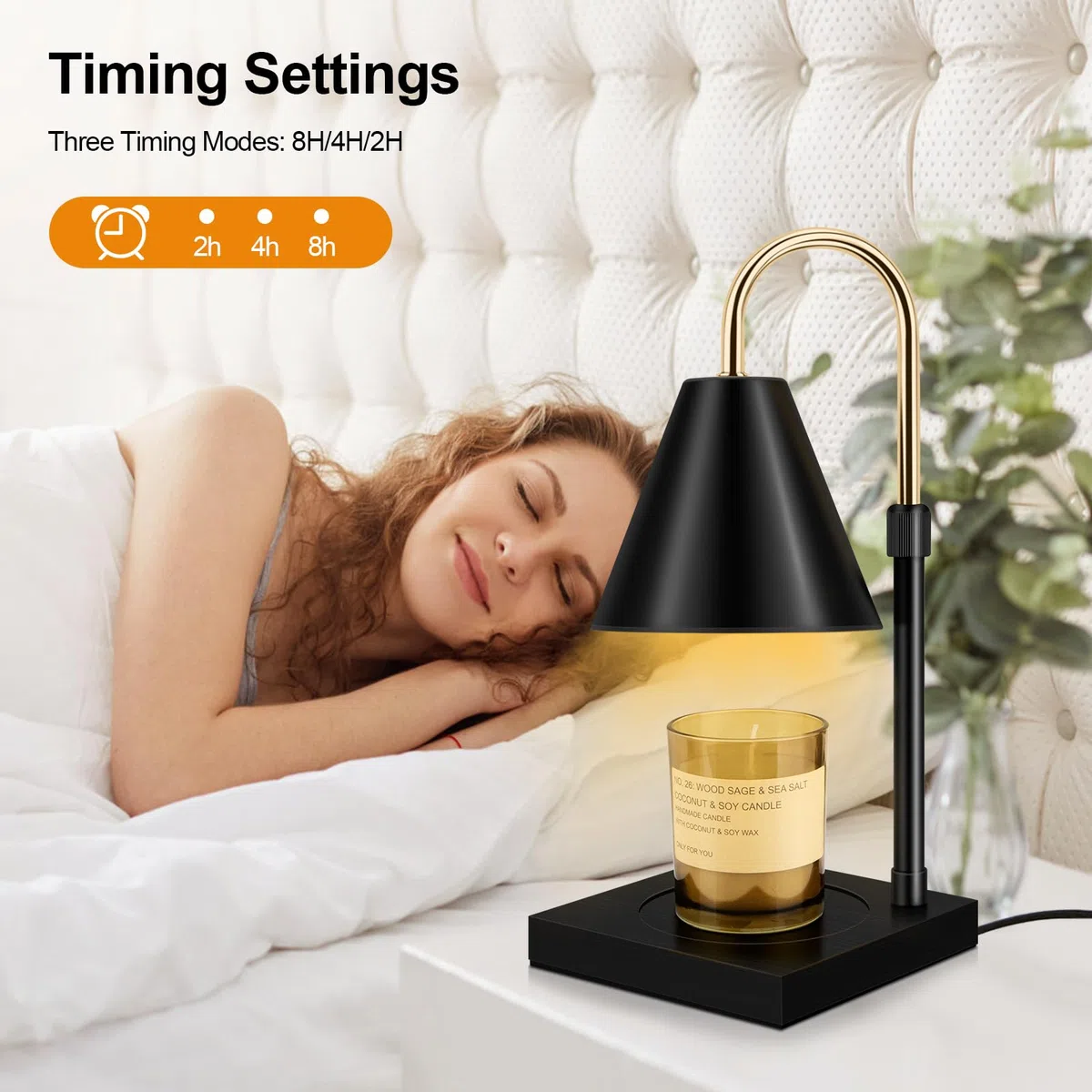Scalda-candele con timer, dimmerabile e regolabile in altezza, compatibile con candele in barattolo, per decorazioni domestiche, scaldacera elettrico, base in legno (nero)
