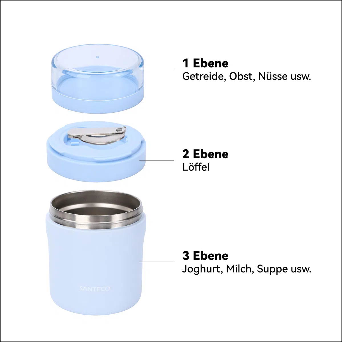 SANTECO Tazza per cereali to go, 500 ml + 220 ml, contenitore termico per cibo con cucchiaio, mantiene caldo 12 ore, lavabile in lavastoviglie, senza BPA, pratica tazza per yogurt, per lavoro, scuola