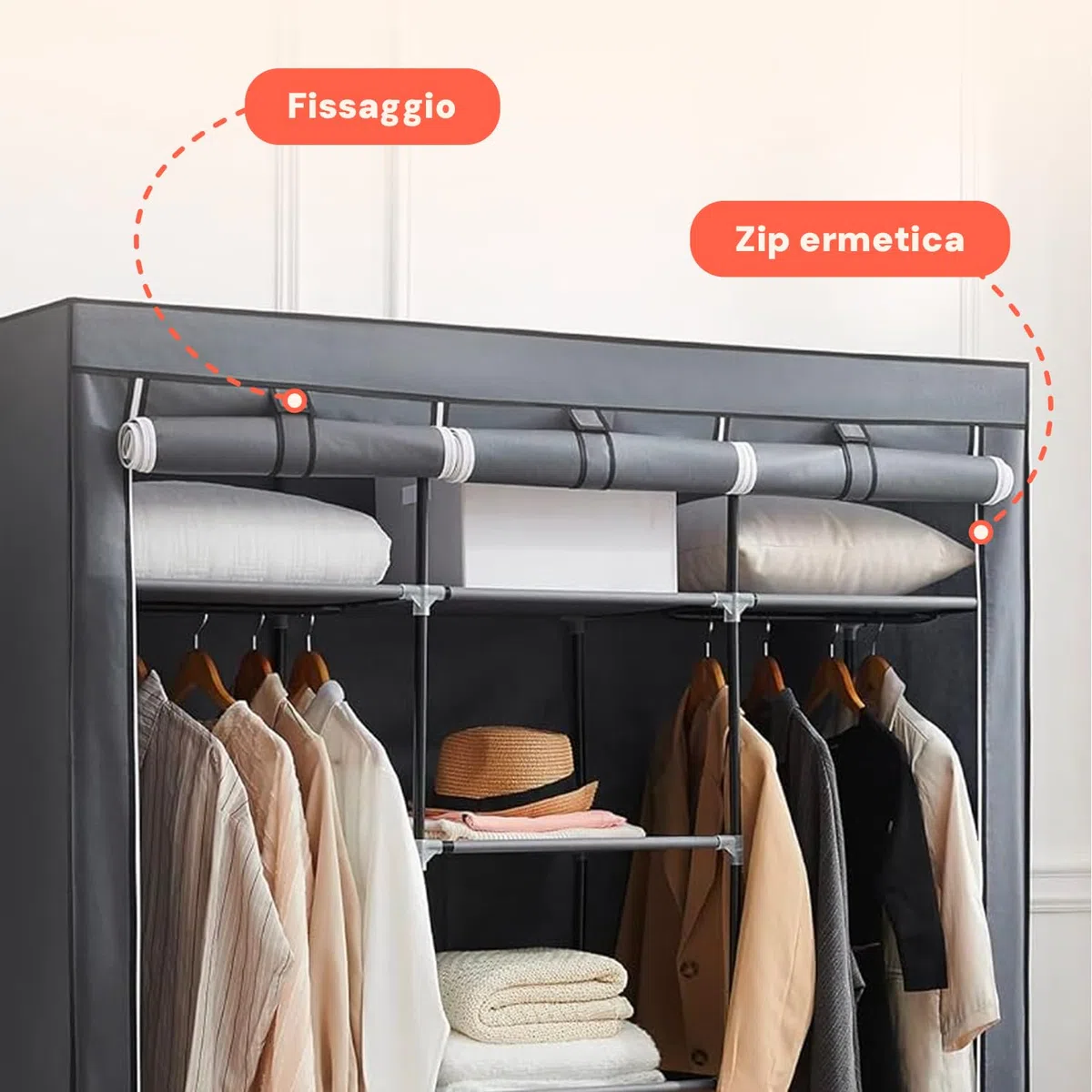Avilia Armadio in Tessuto con Telo Zip – Guardaroba Salvaspazio con 9 Ripiani, 150x45x175 cm – Armadio Portaoggetti per Camera, Bagno o Soggiorno – Facile da Montare, 5 kg a Ripiano