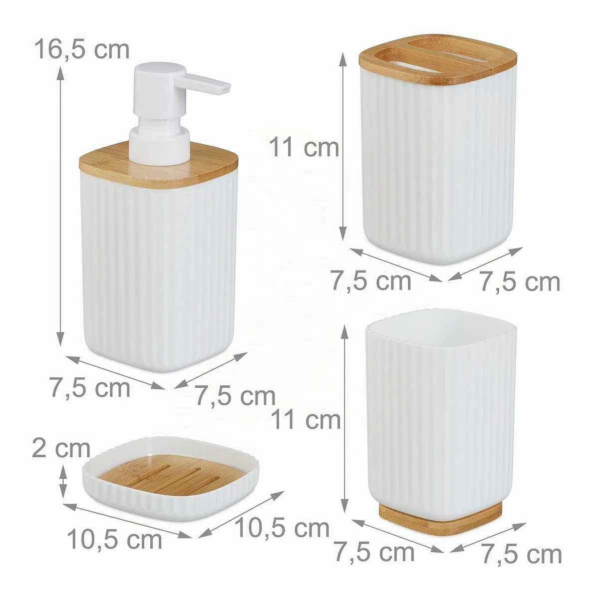 Relaxdays Set Bagno 6 Accessori, Cestino, Scopino WC, Portasapone, Saponetta, Portaspazzolino, Plastica e bambù, Bianco