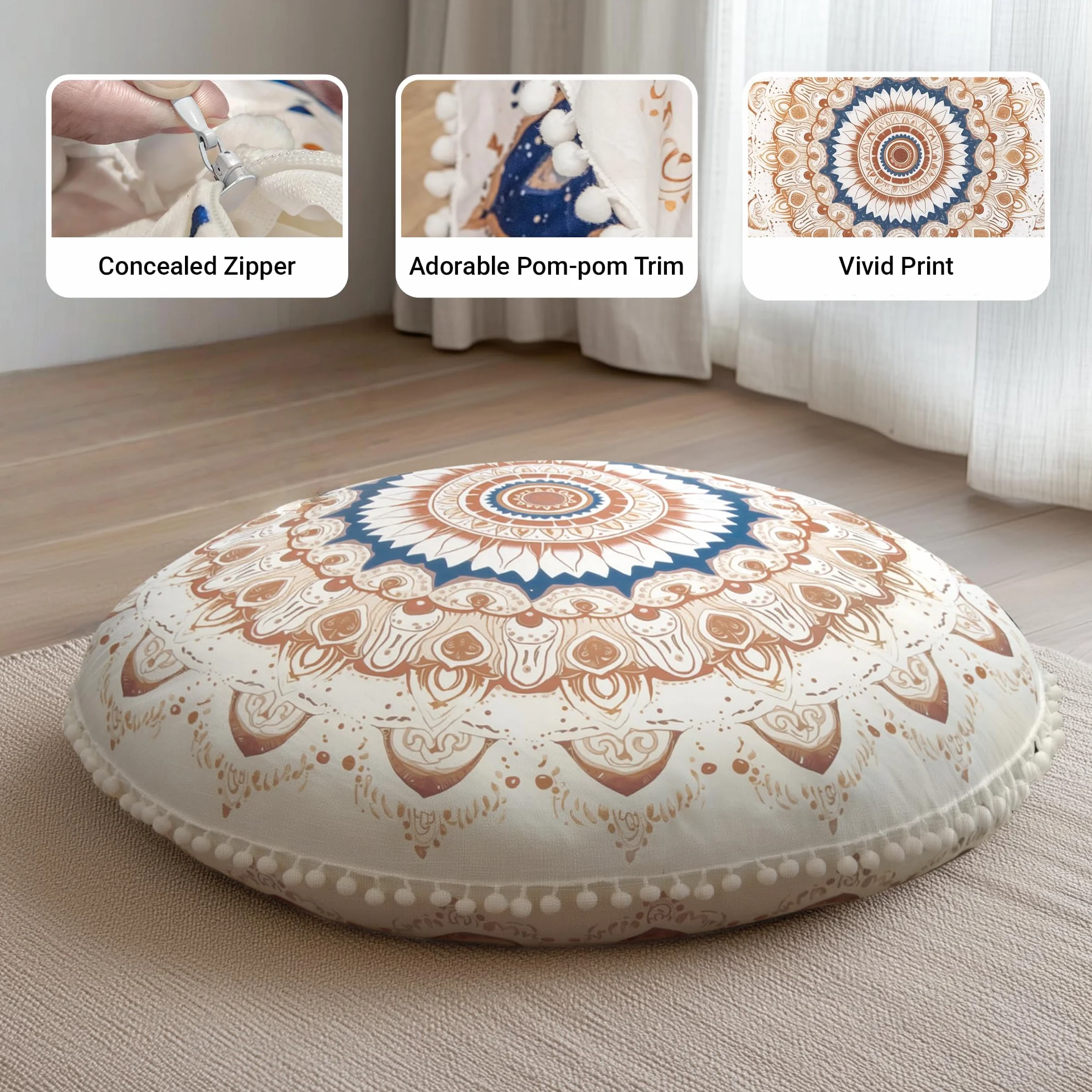 Cuscino per Meditazione Rotondi, Cuscino da Pavimento con Fodera Rimovibile e Lavabile, 80 cm Grande Cuscino Yoga Ergonomico con Decorazioni Pompon, Uso Interno/Esterno, Blu navy