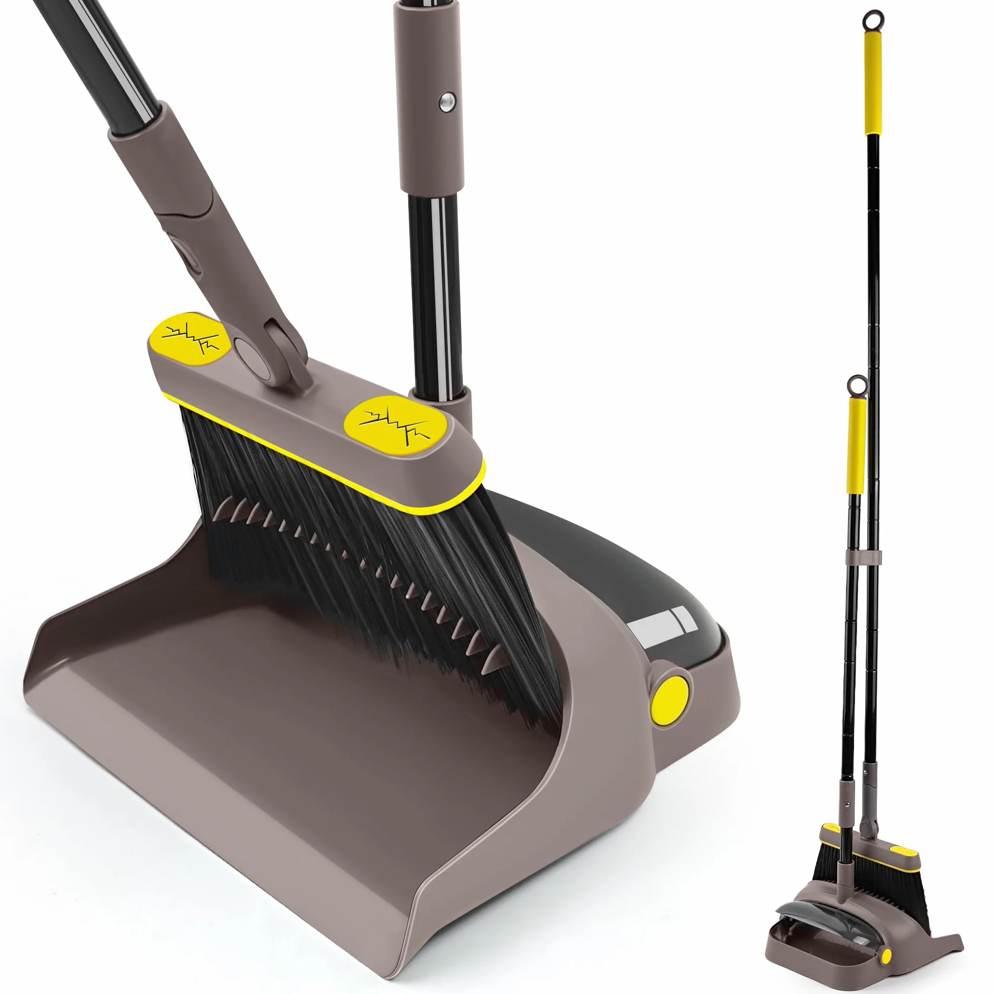 JEHONN Scopa e Paletta con Manico Lungo 138CM, Salvaspazio 180 Gradi Spazzola Brevettato Openable Dustpan Tail Richiudibile per Cucina Giardino Casa Ufficio (Marrone Giallo)