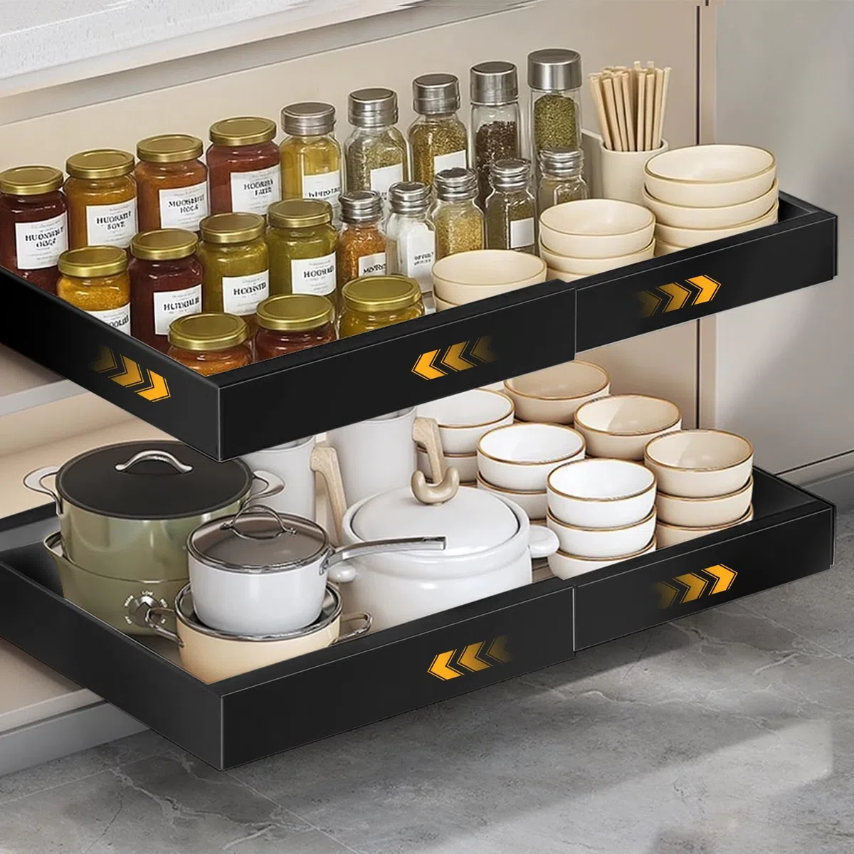 VINATO Cassetti Estraibili Per Cucina, Cassetto Telescopico Con Adesivo, Larghezza Regolabile (32-55 Cm L X 42 Cm P X 7.5 Cm A), Cestelli Ripiano Organizzatore Scorrevole, Nero