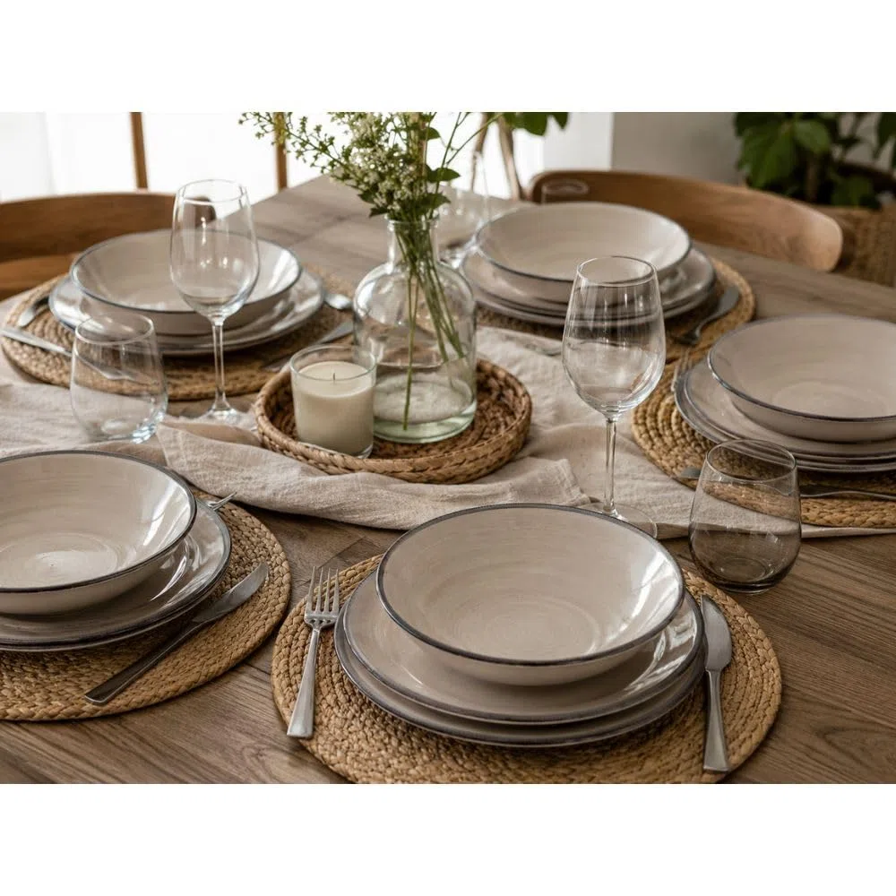 Set Piatti 12 Pezzi in Ceramica – Servizio Tavola per 4 Persone con 4 Piatti Piani, 4 Fondi e 4 Frutta – Design Moderno – Varianti Blu o Tortora (Tortora)